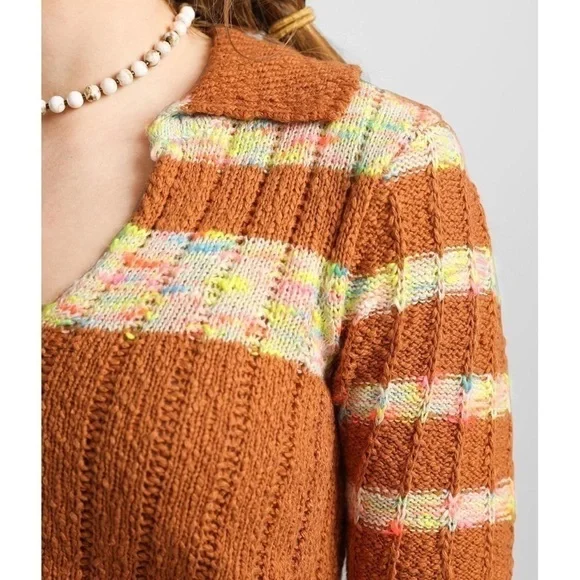 FREE PEOPLE 70s Cropped V-Neck Chunky Knit Striped Short Sleeve Henley Sweater S - Picture 14 of 14